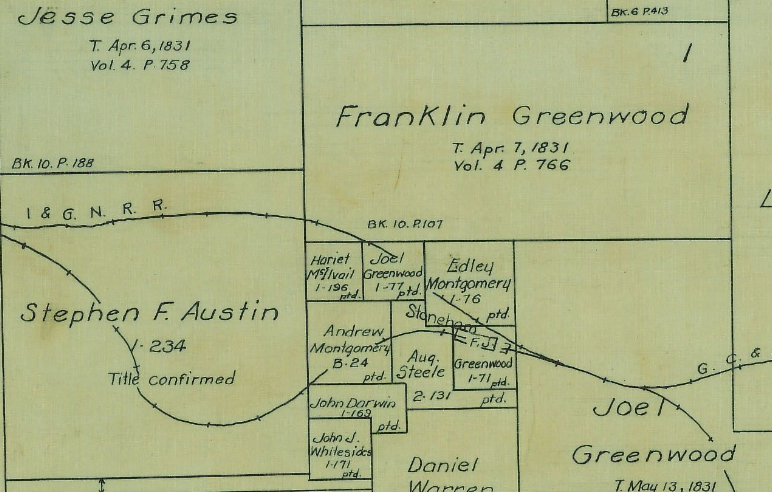 1922 Grimes County map showing Andrew Montgomery's bounty grant to the west of Stoneham